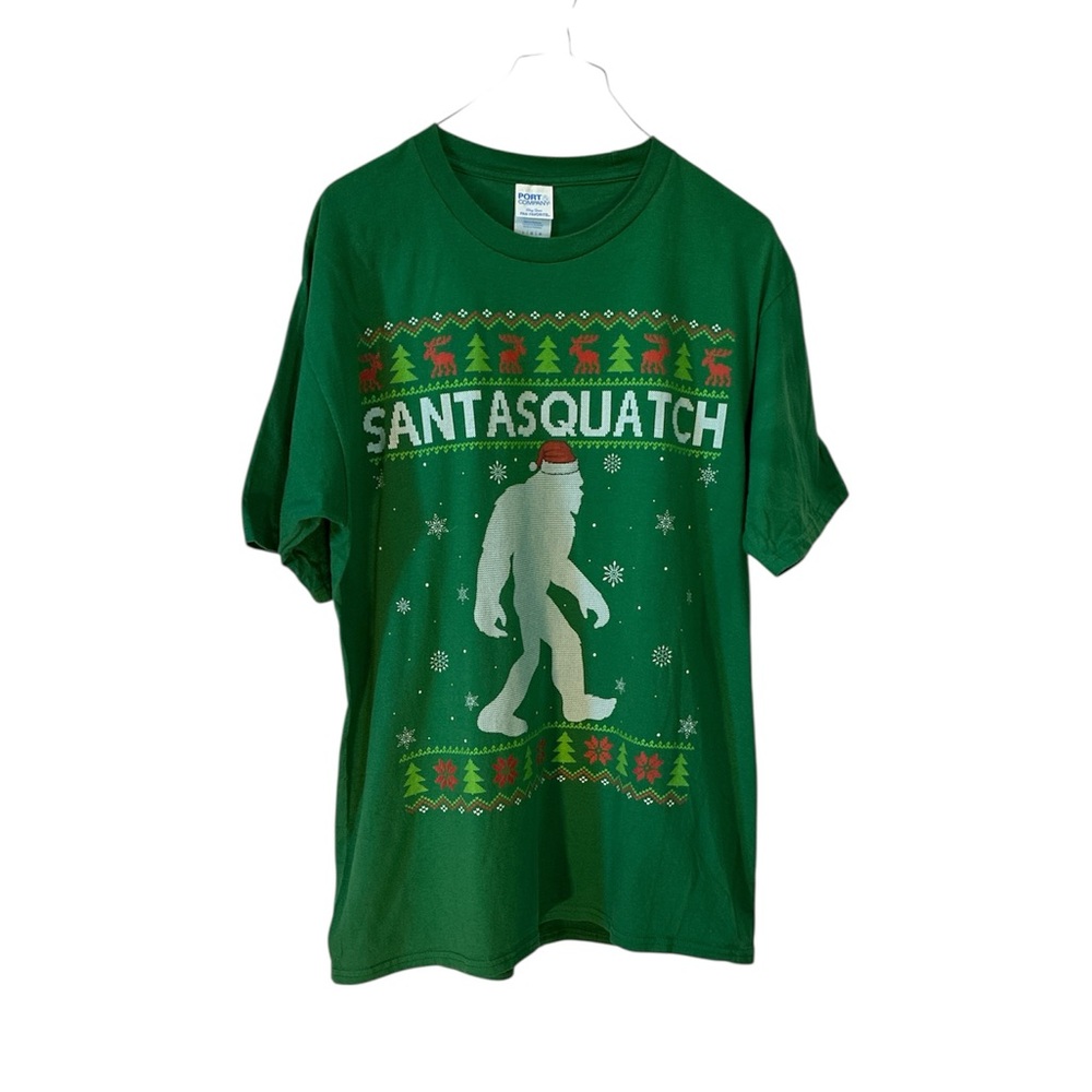 Port and Company Christmas Holiday Graphic SS Santasquatch Tee Shirt Green Large